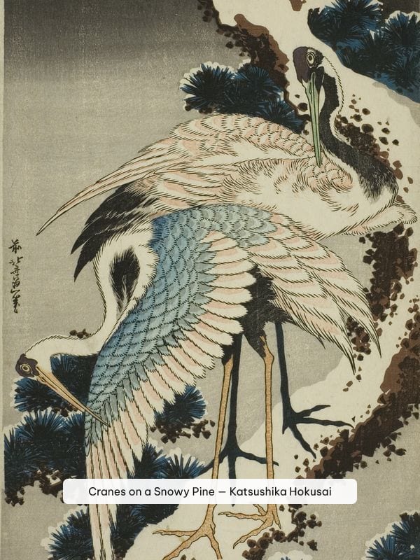 Cranes on a Snowy Pine